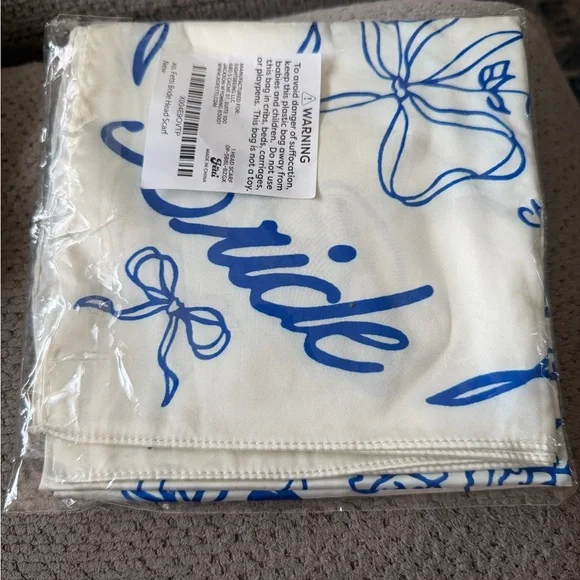 Bride White and Blue Floral Silk-Feel Bandana Scarf - Picture 3 of 3